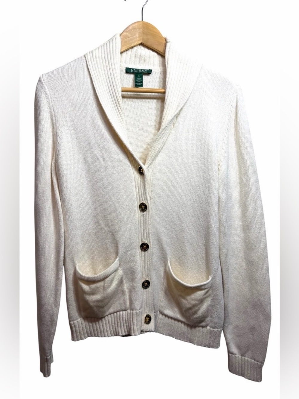 Lauren Ralph Lauren Shawl Collar Cotton Cardigan Sweater Small Patch Pockets